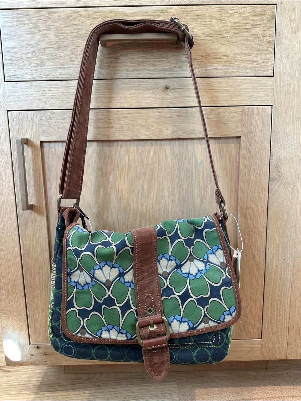 Fossil Green Floral Canvas Crossbody with Brown Trim
